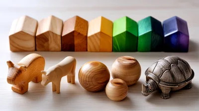 Wooden Toy Houses And Animal Figurines On Table