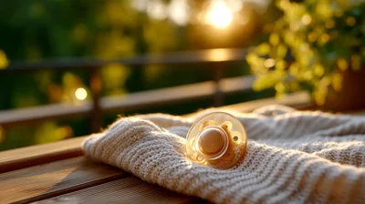 Baby Pacifier Resting On A Knitted Sweater At Sunset