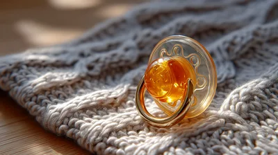 Amber Pacifier Resting On A Knitted Blanket