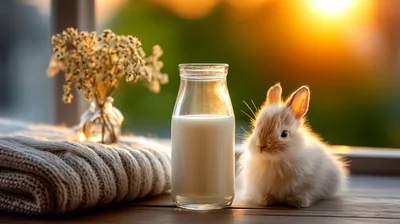 Small Fluffy Rabbit Beside A Glass Of Milk