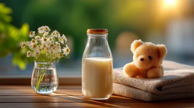 Glass Bottle Of Milk With Flowers And Teddy Bear