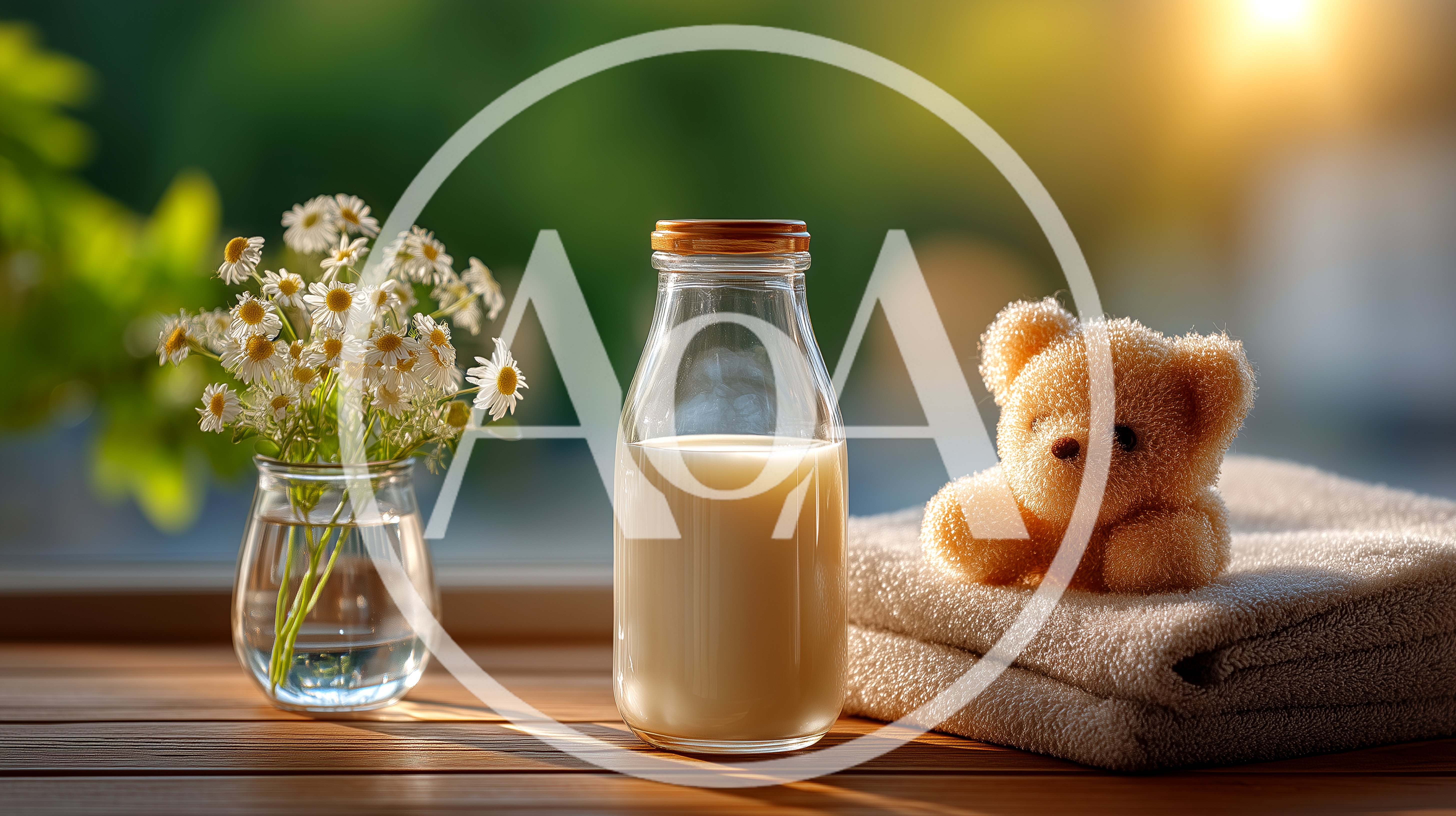 Glass Bottle Of Milk With Flowers And Teddy Bear