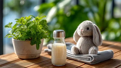 Stuffed Bunny Toy and Milk Bottle on Wooden Table