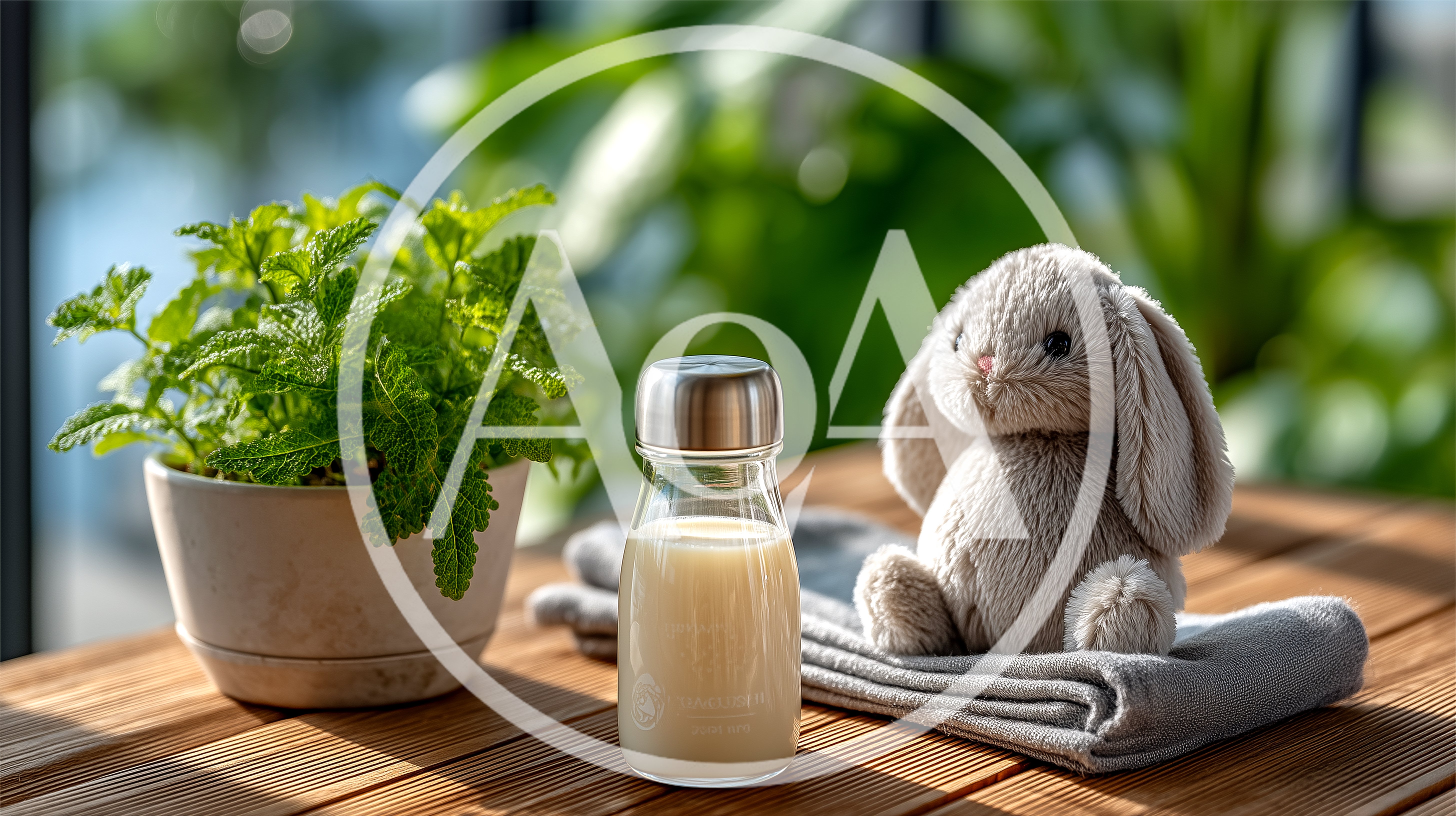 Stuffed Bunny Toy and Milk Bottle on Wooden Table