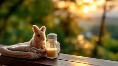 Small Fluffy Bunny Sitting Next To A Milk Bottle