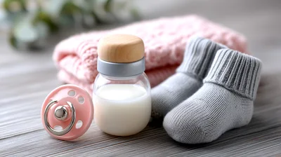 Baby Essentials With Milk Bottle And Knitted Socks