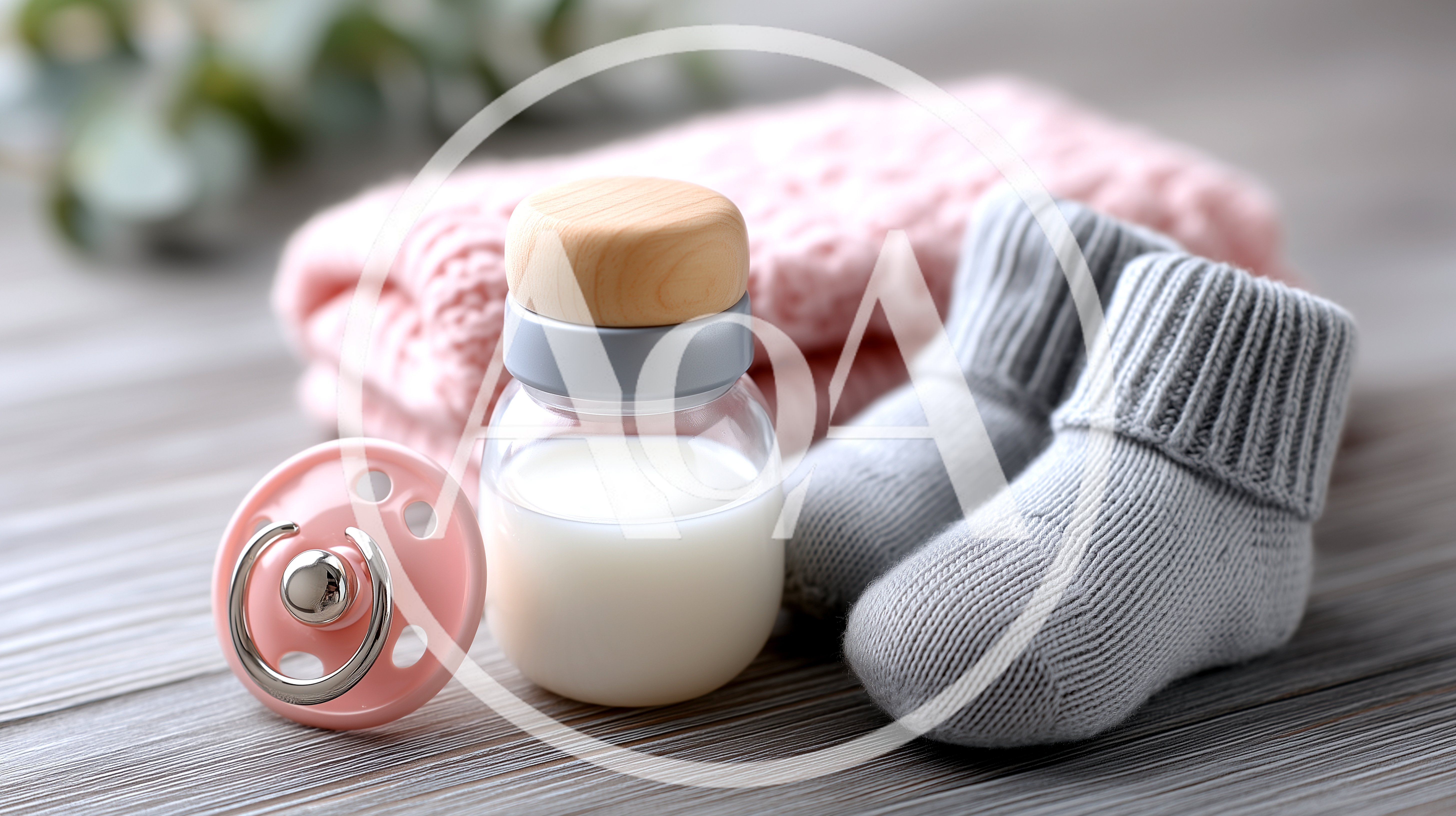 Baby Essentials With Milk Bottle And Knitted Socks