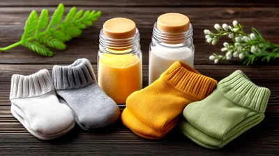 Baby Socks And Jars Of Milk On Wooden Table