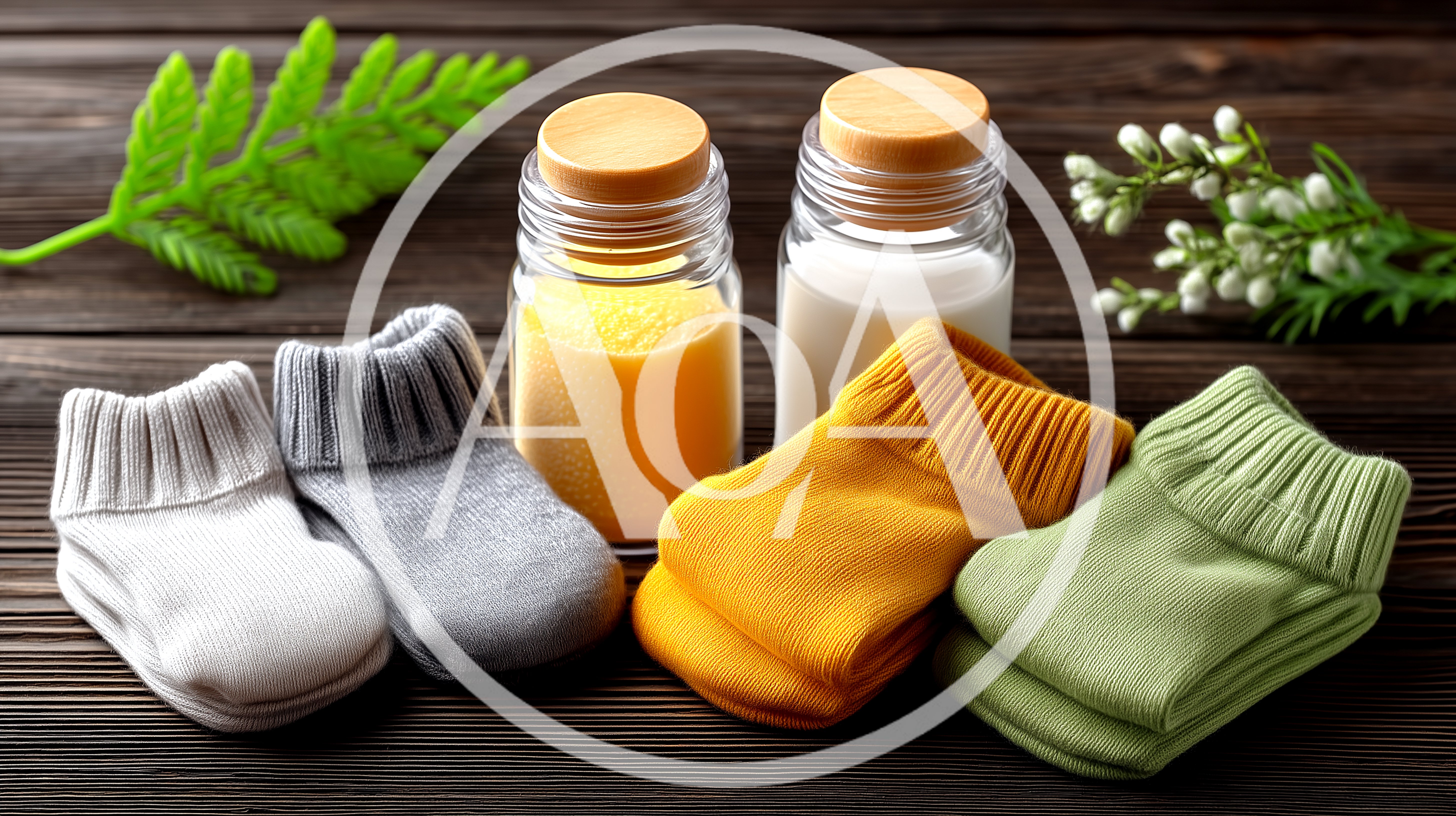 Baby Socks And Jars Of Milk On Wooden Table