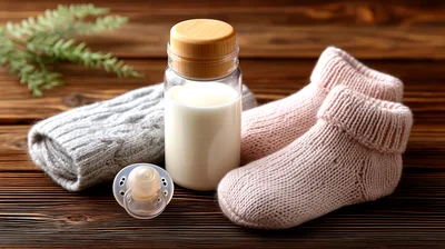 Baby Essentials With Milk Bottle And Knitted Booties