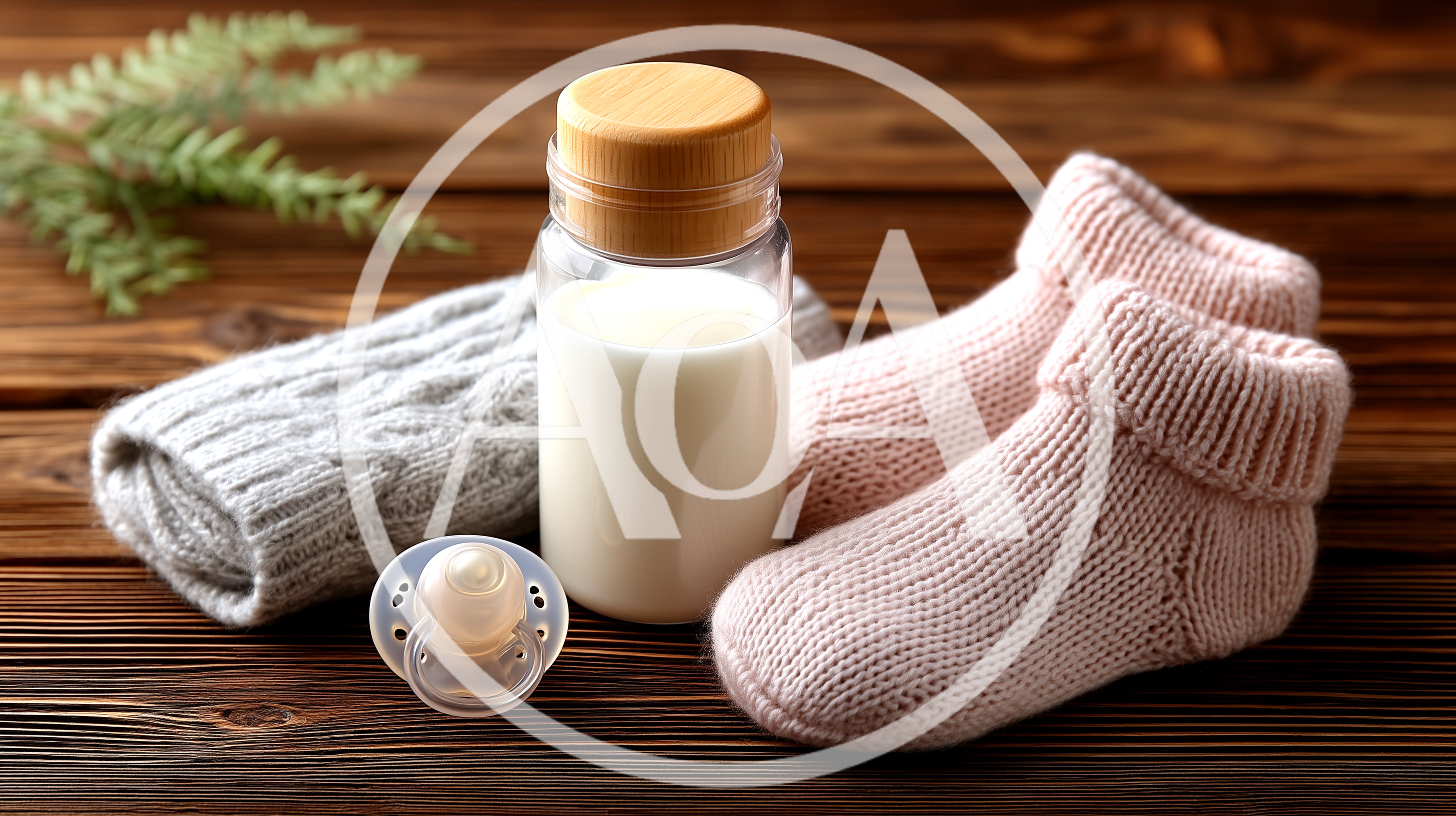 Baby Essentials With Milk Bottle And Knitted Booties