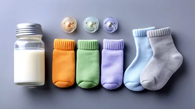 Baby Essentials Including Milk Bottle Pacifiers And Colorful Socks