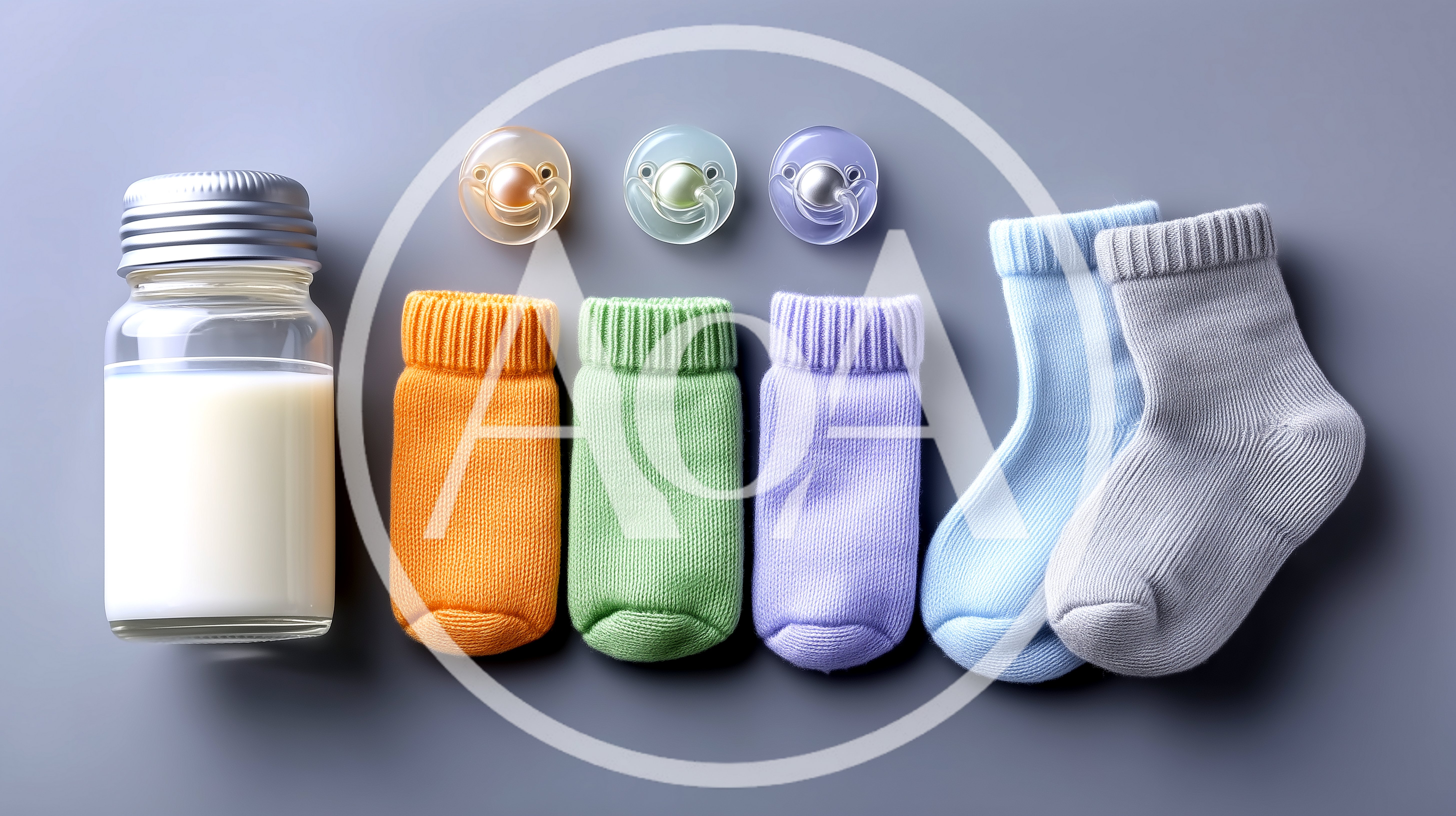 Baby Essentials Including Milk Bottle Pacifiers And Colorful Socks