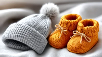 Knitted Baby Hat And Booties On Soft Fabric