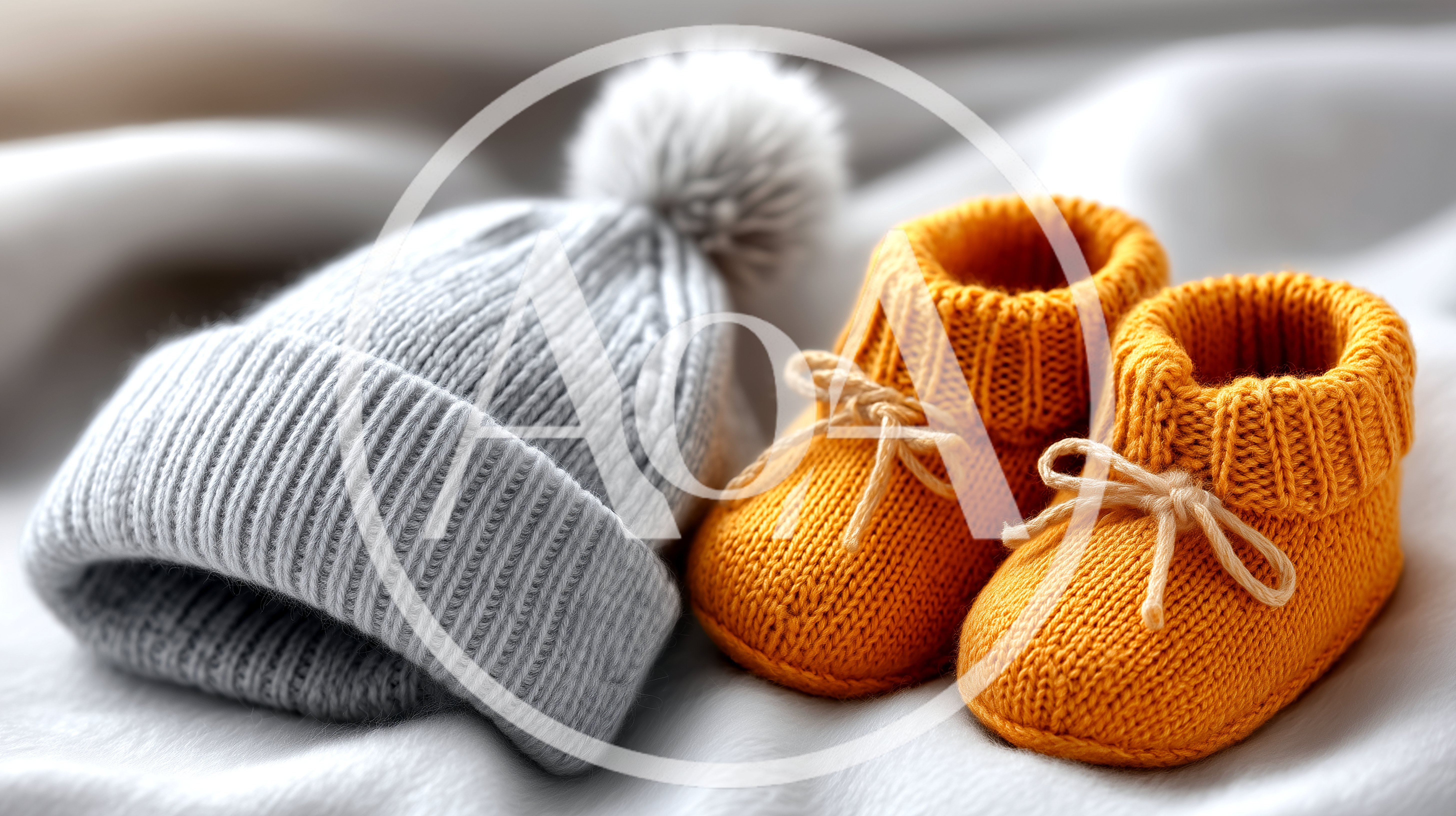 Knitted Baby Hat And Booties On Soft Fabric