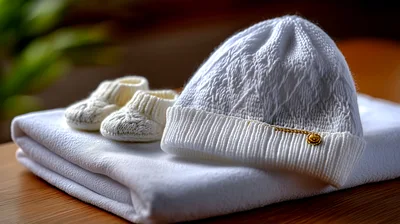 White Knitted Baby Hat and Booties on Blanket