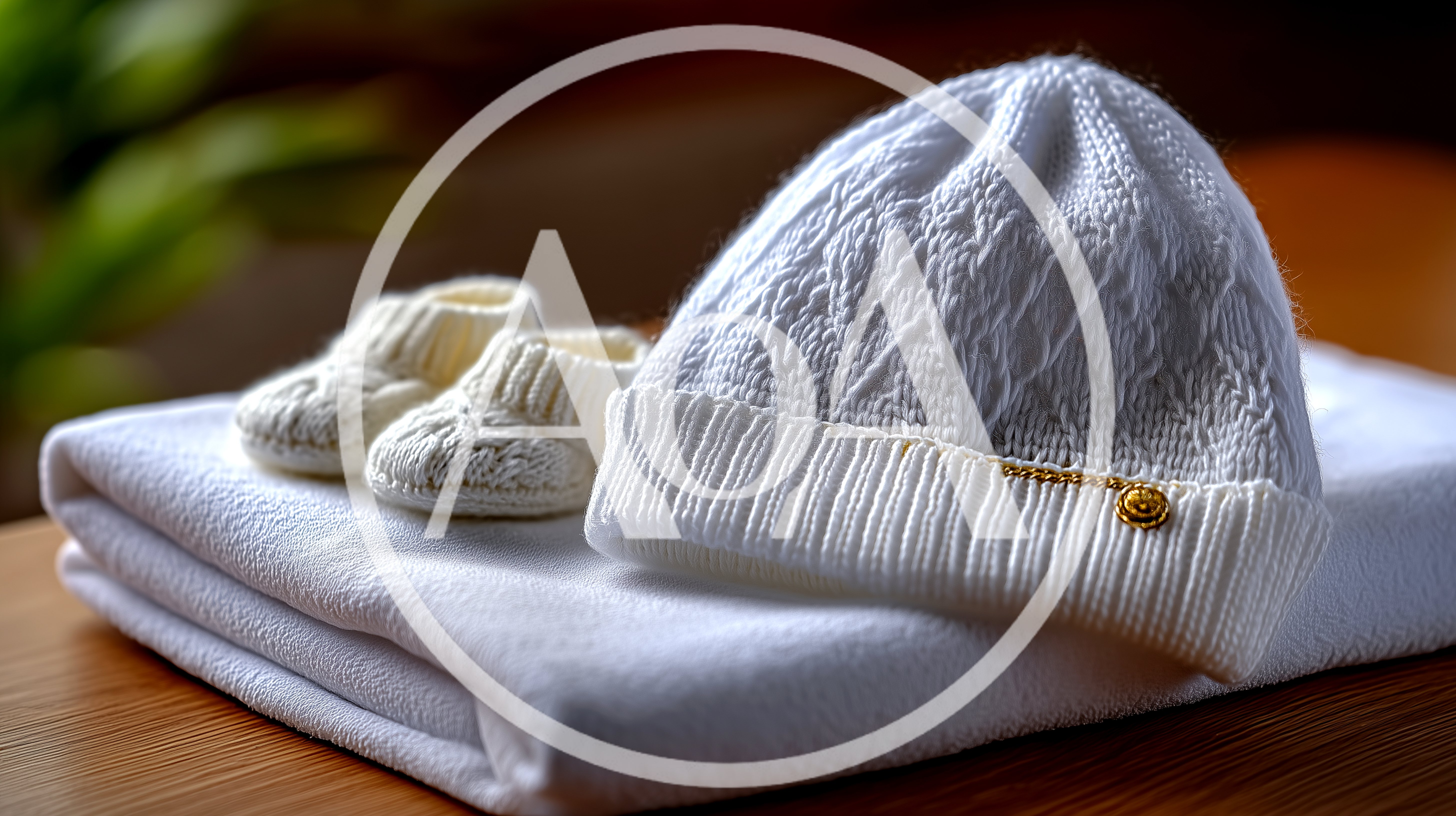 White Knitted Baby Hat and Booties on Blanket