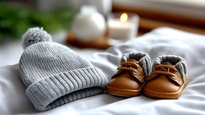 Baby Hat And Leather Shoes On White Fabric