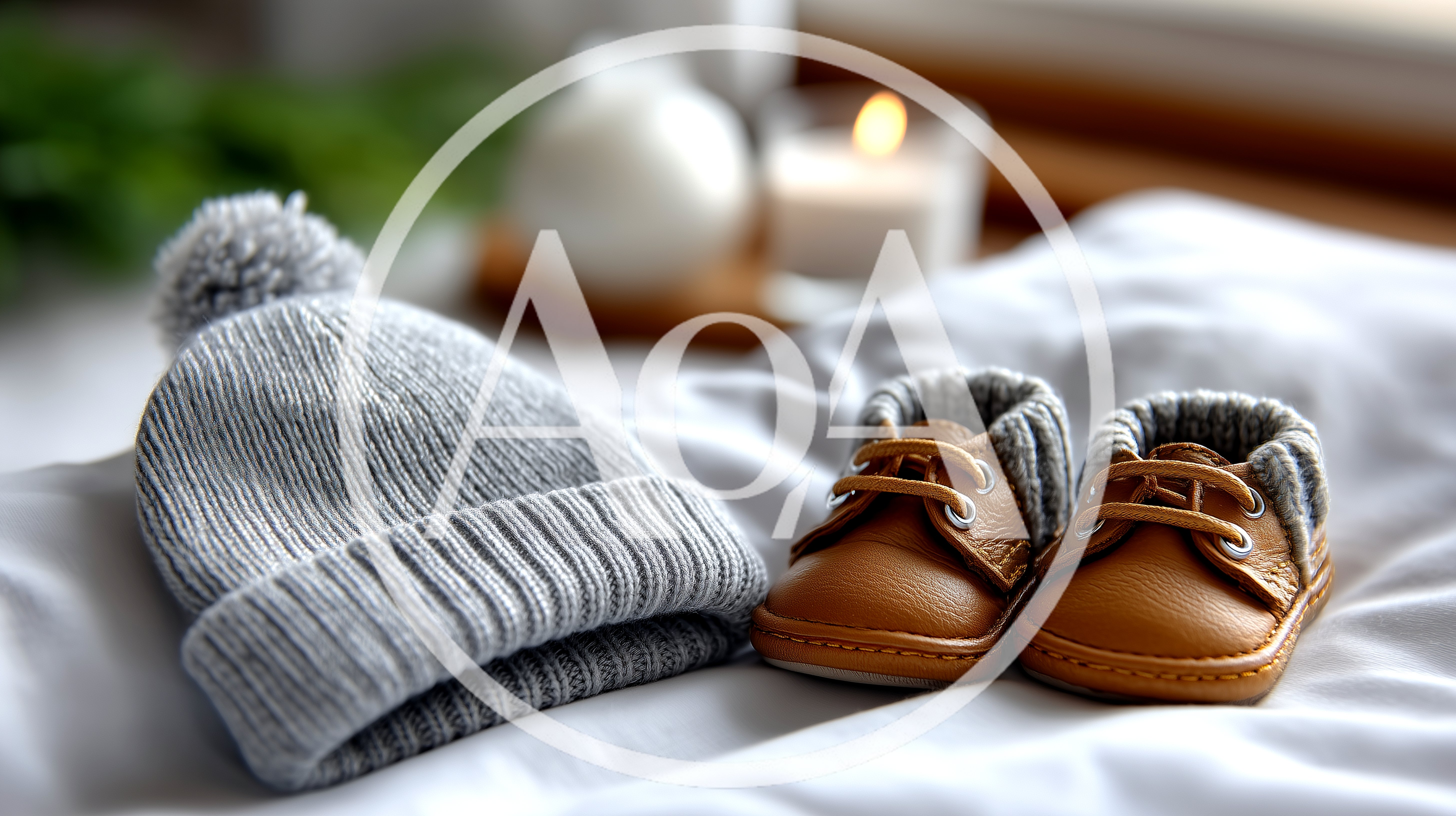 Baby Hat And Leather Shoes On White Fabric