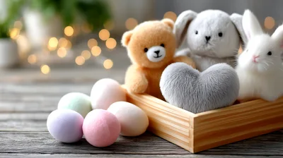 Easter Decorations With Plush Toys And Pastel Eggs