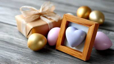 Easter Gift Box With Pastel Eggs And Heart Frame