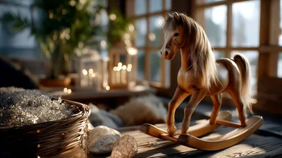 Wooden Rocking Horse Toy In Cozy Sunlit Room