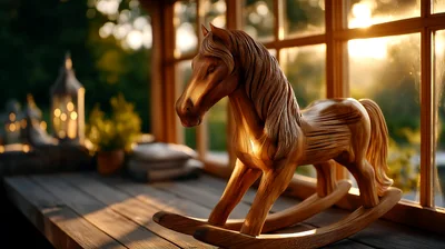 Wooden Rocking Horse On A Sunny Window Sill