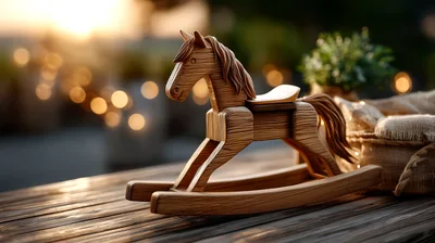 Wooden Rocking Horse Toy on Outdoor Table