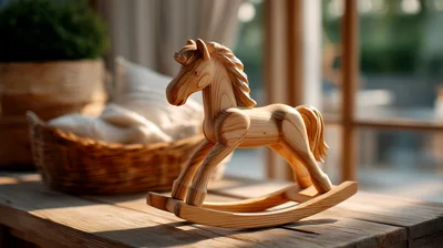 Wooden Rocking Horse Toy On A Rustic Table