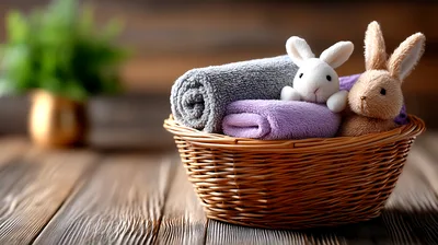 Wicker Basket With Towels And Plush Bunnies