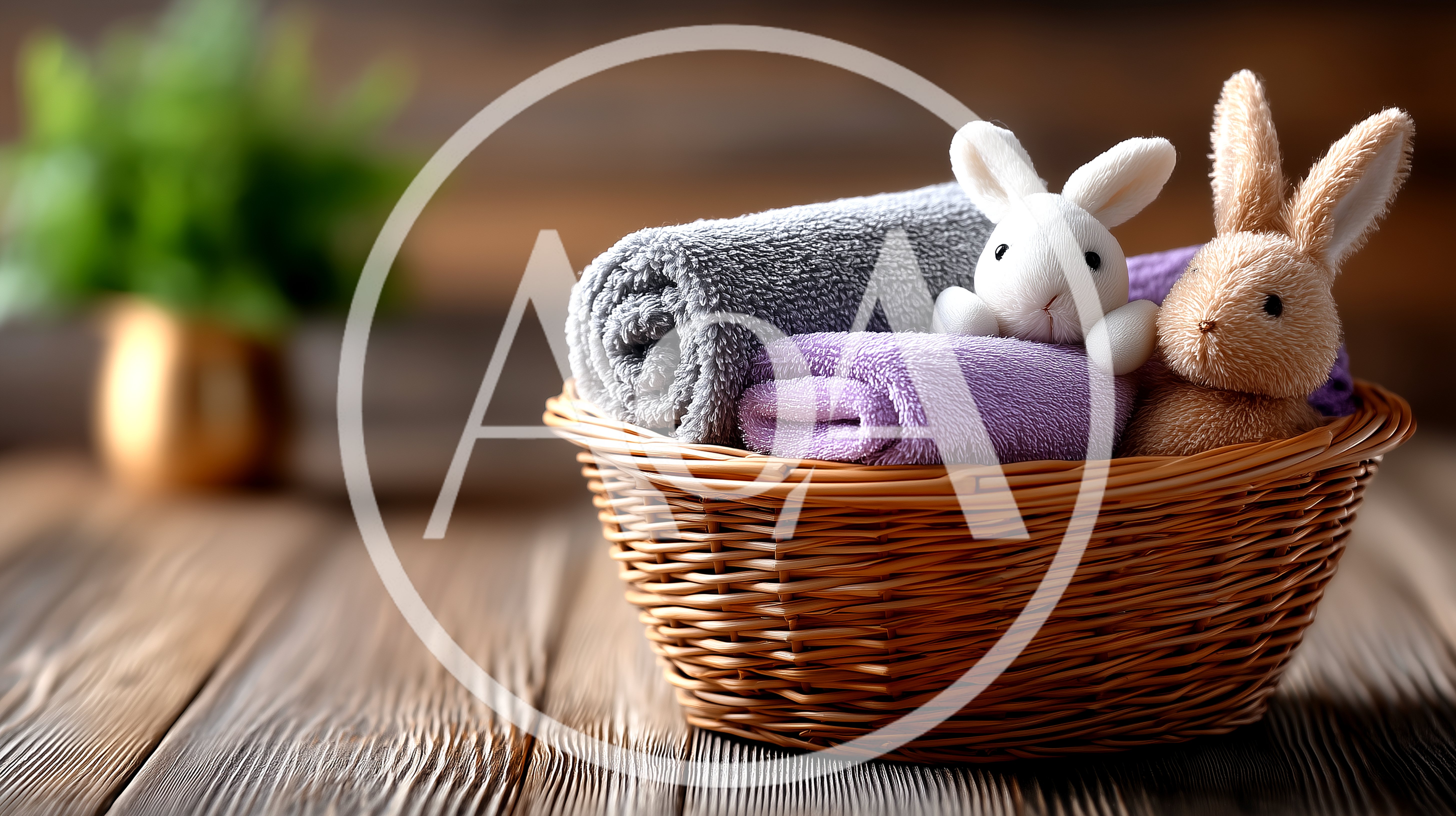Wicker Basket With Towels And Plush Bunnies