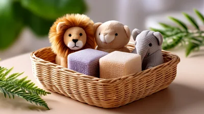 Plush Animal Toys In A Woven Basket