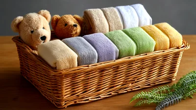 Wicker Basket Filled With Folded Towels And Teddy Bears