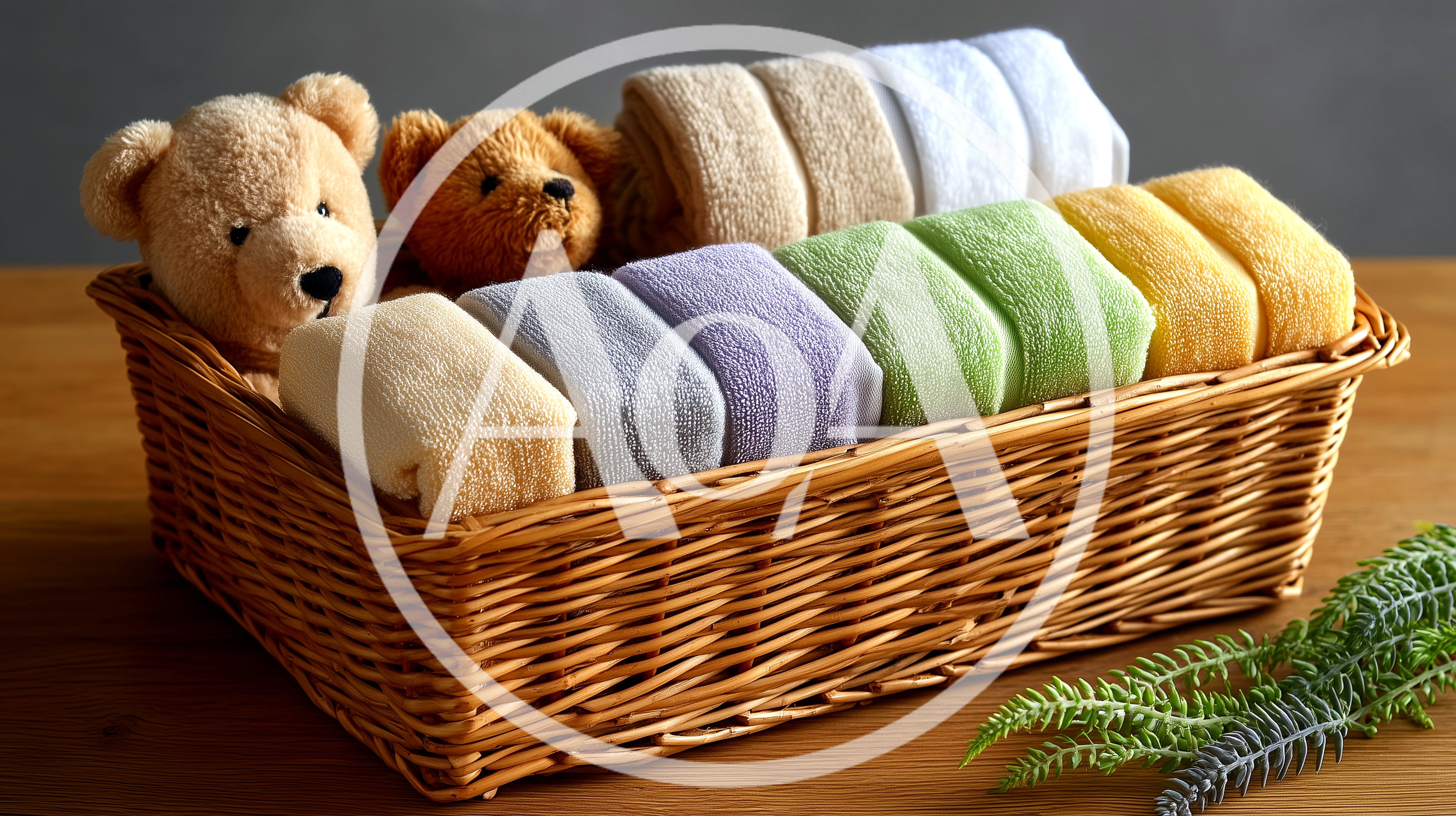 Wicker Basket Filled With Folded Towels And Teddy Bears