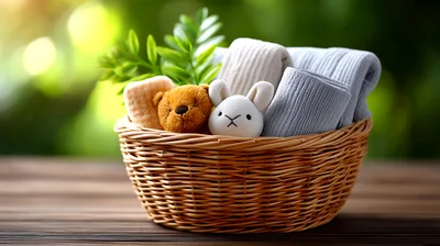 Wicker Basket With Baby Toys And Folded Textiles
