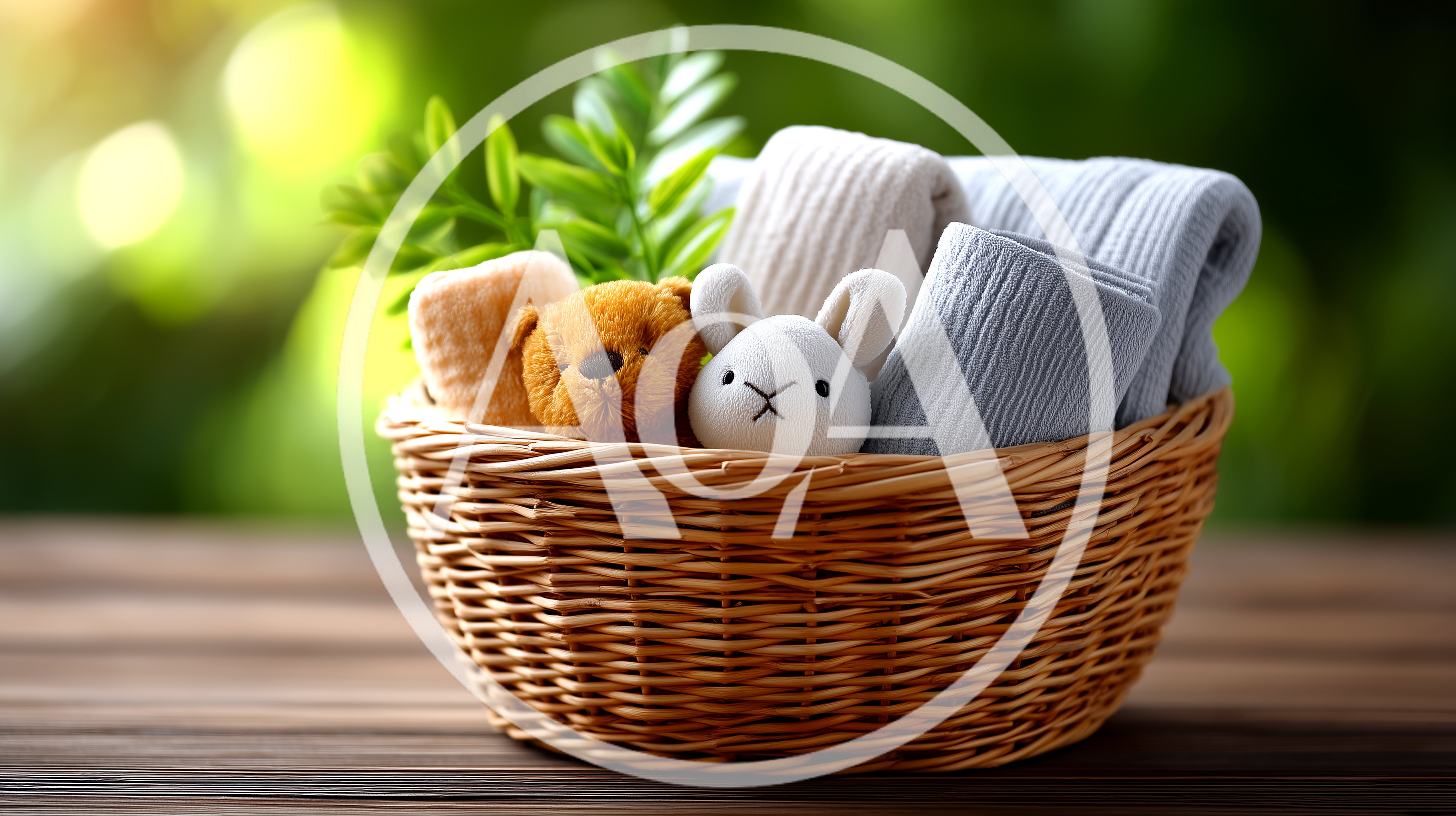 Wicker Basket With Baby Toys And Folded Textiles