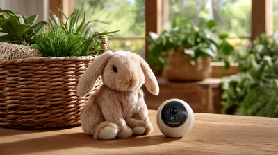 Smart Home Security Camera Next To Plush Bunny Toy