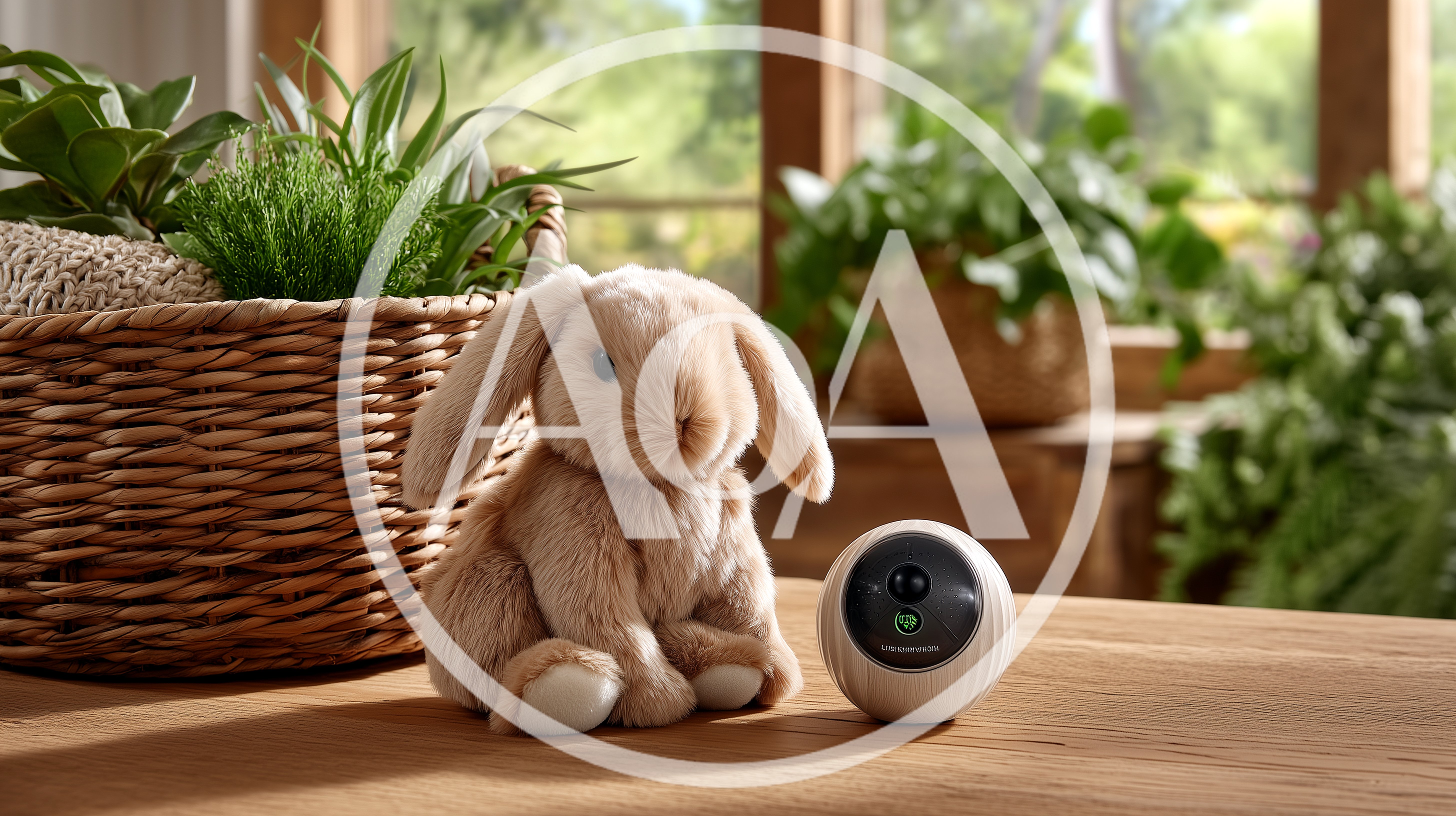 Smart Home Security Camera Next To Plush Bunny Toy