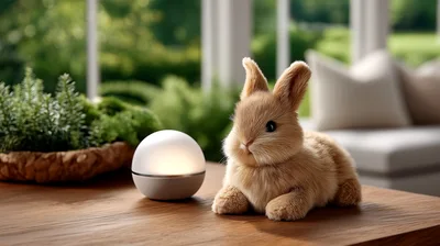 Fluffy Bunny Sitting Next To A Glowing Sphere Lamp