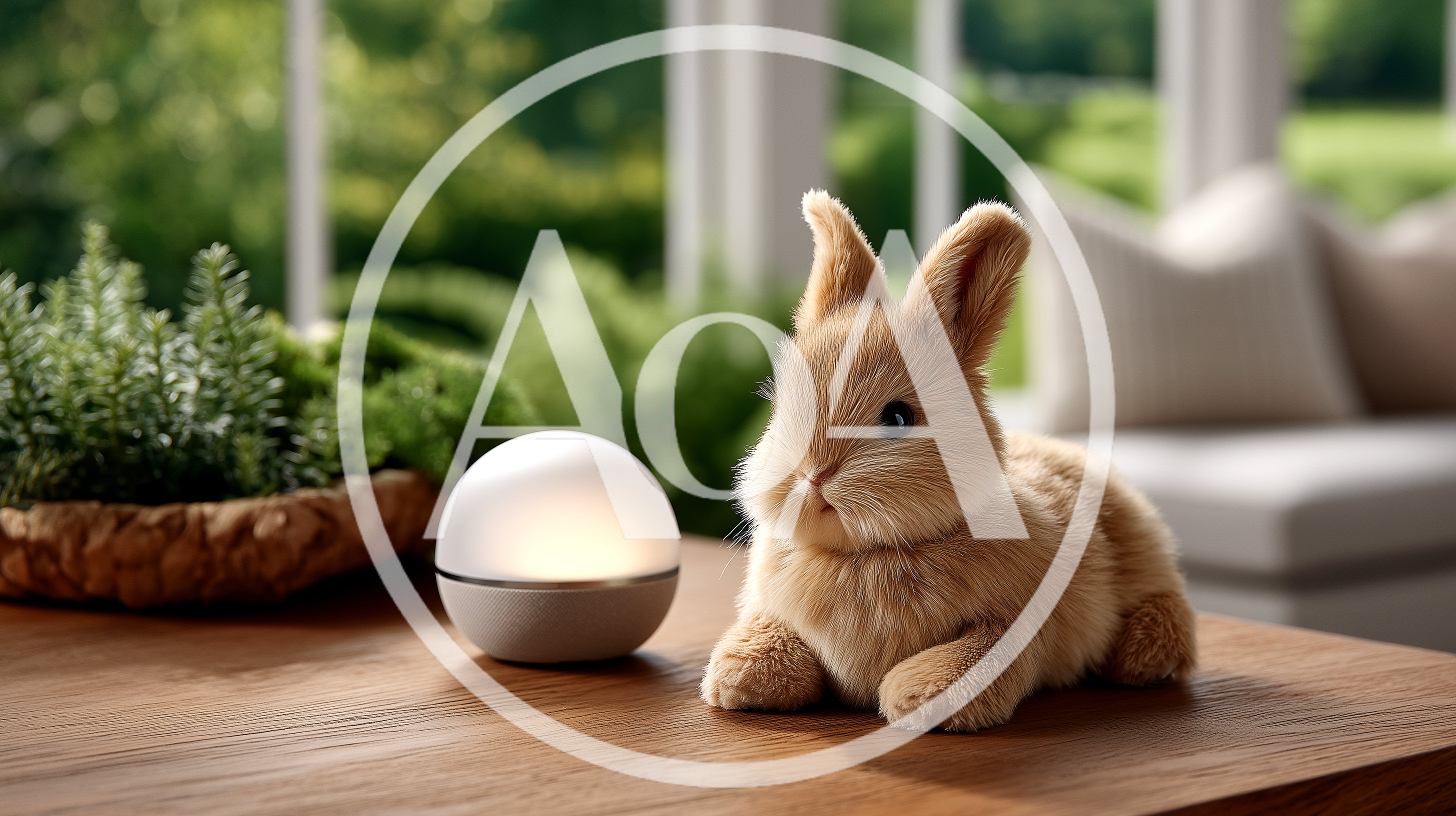 Fluffy Bunny Sitting Next To A Glowing Sphere Lamp