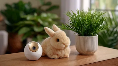 Smart Home Security Camera Next To Plush Rabbit Toy
