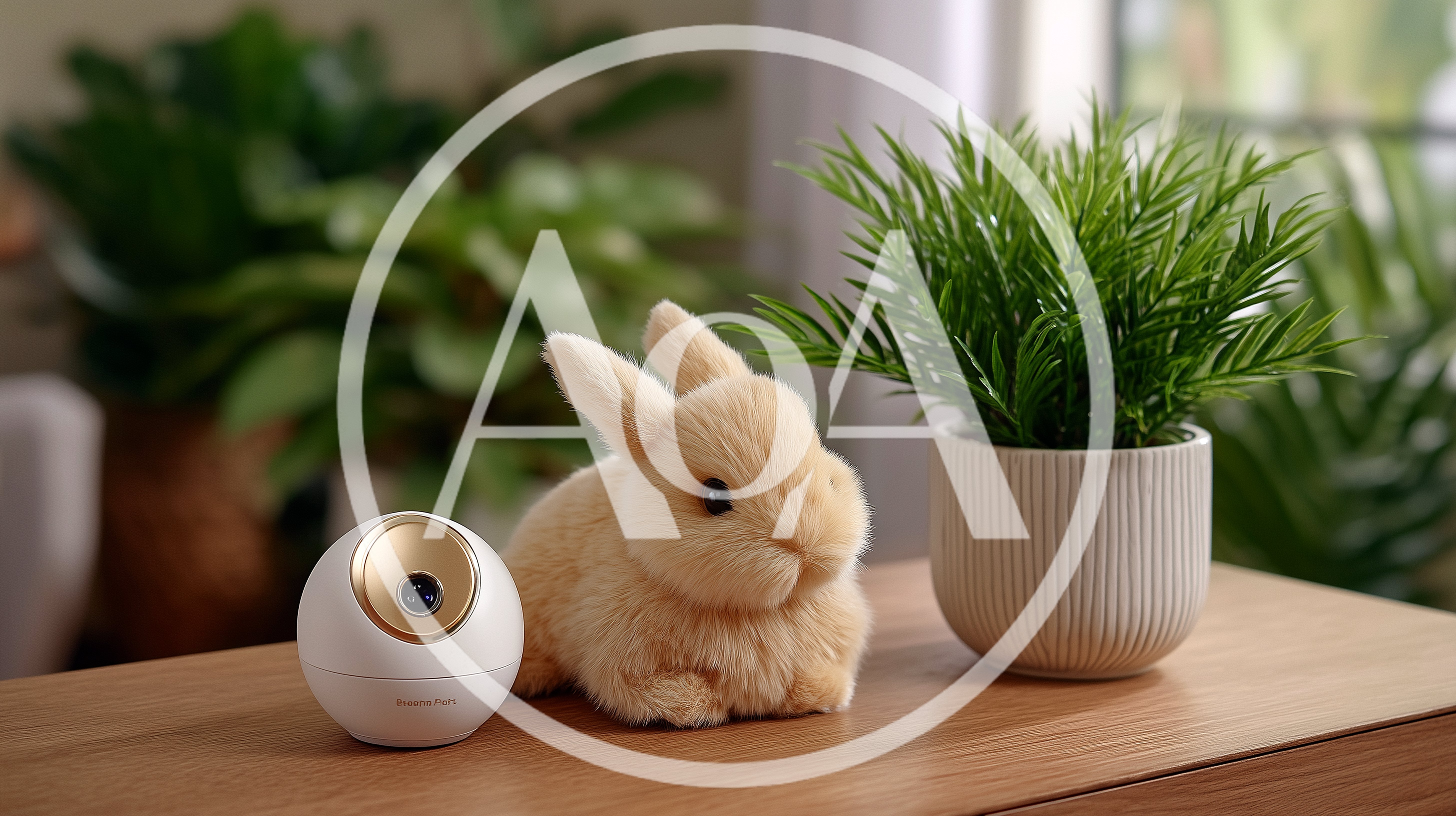 Smart Home Security Camera Next To Plush Rabbit Toy