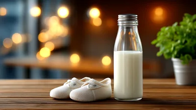 Baby Shoes And A Bottle Of Milk On Table