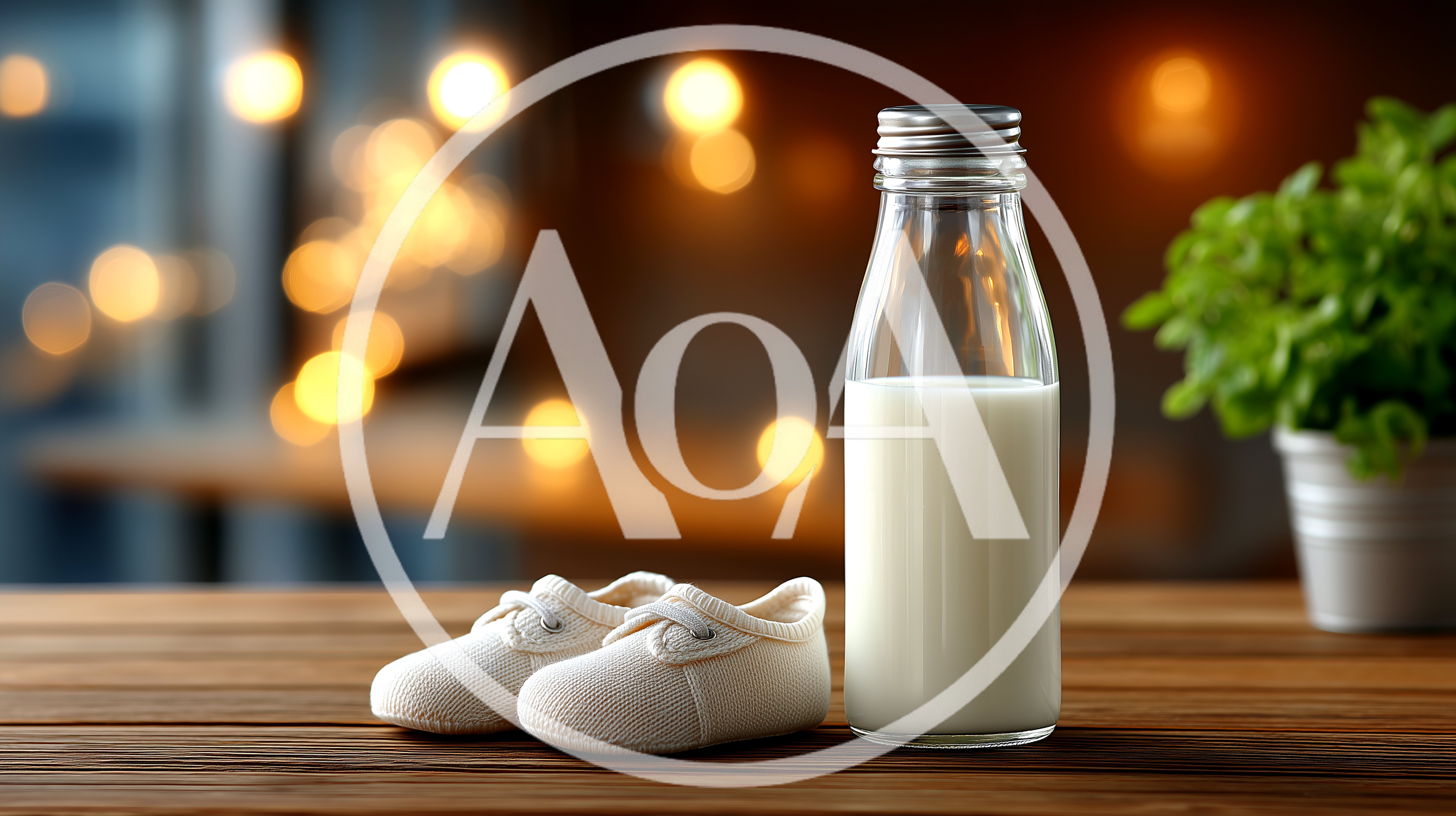 Baby Shoes And A Bottle Of Milk On Table