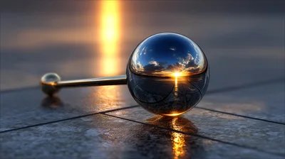 Reflective Metal Sphere On Tiled Surface At Sunset