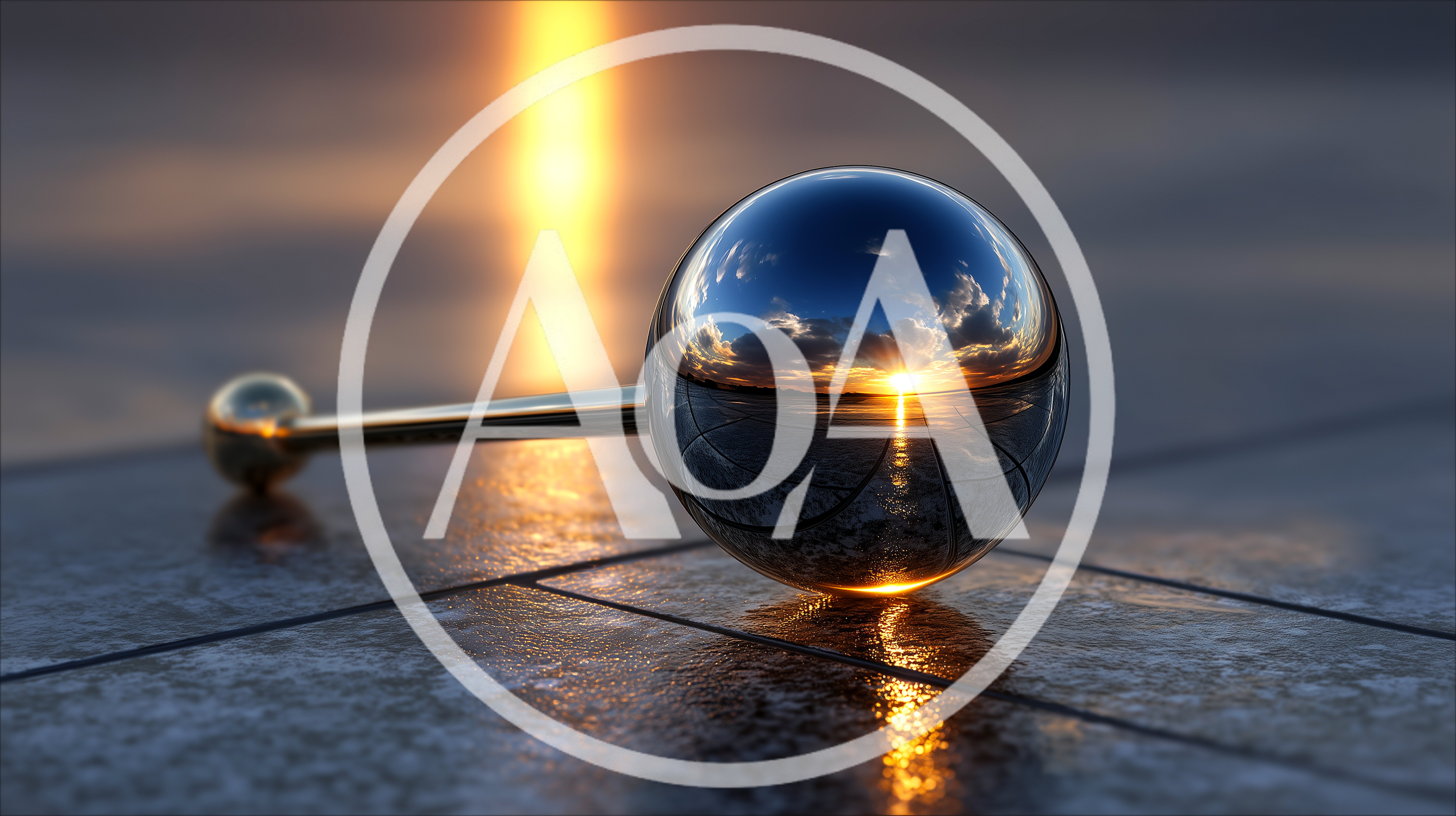 Reflective Metal Sphere On Tiled Surface At Sunset