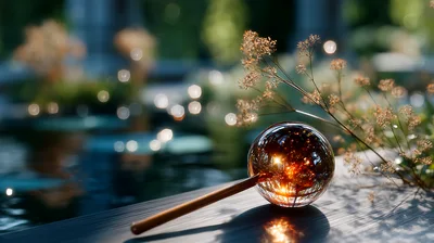 Glass Sphere With Wooden Handle Near Pond