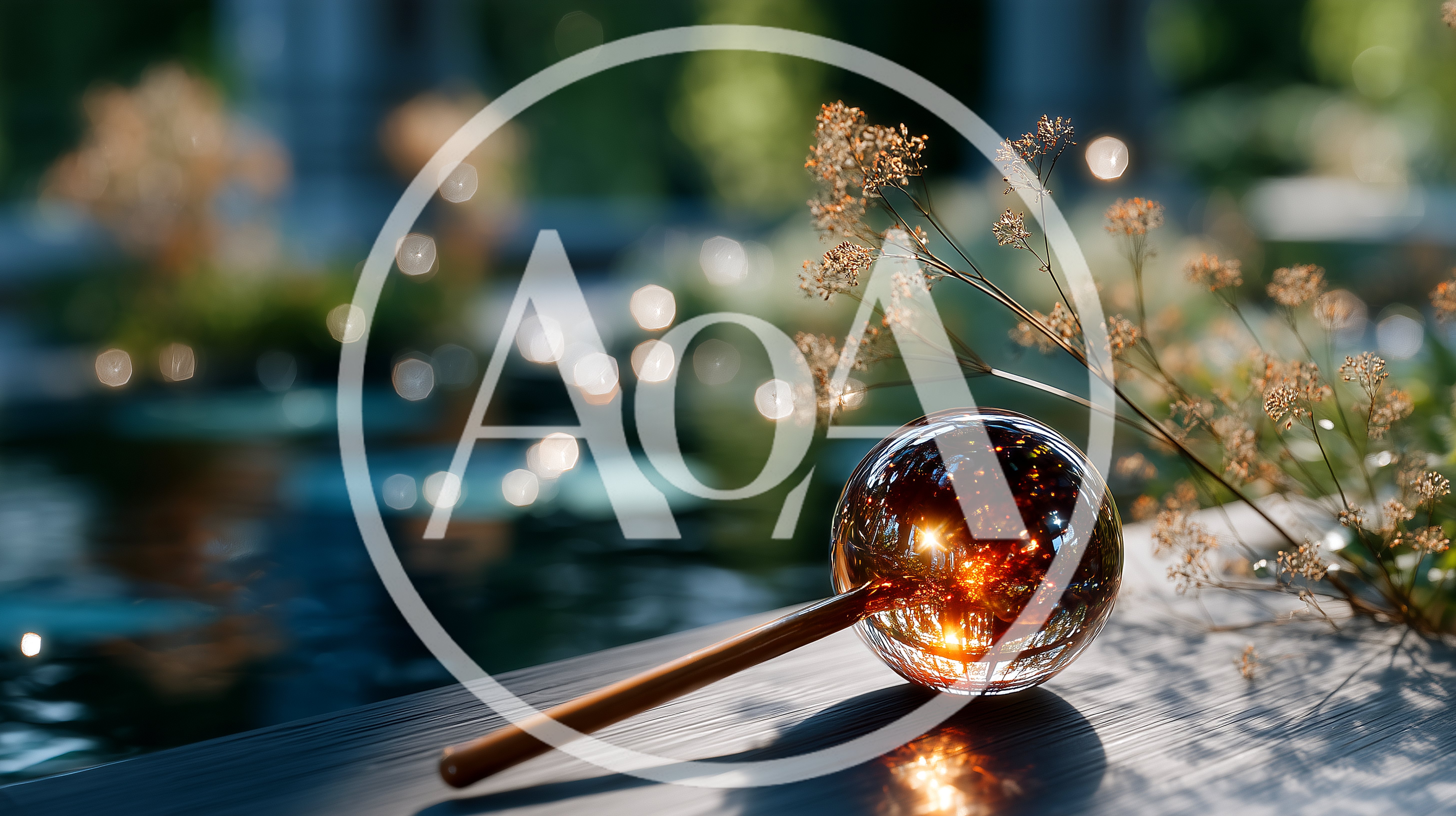 Glass Sphere With Wooden Handle Near Pond