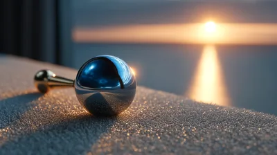 Chrome Sphere Object Resting On Textured Surface At Sunset