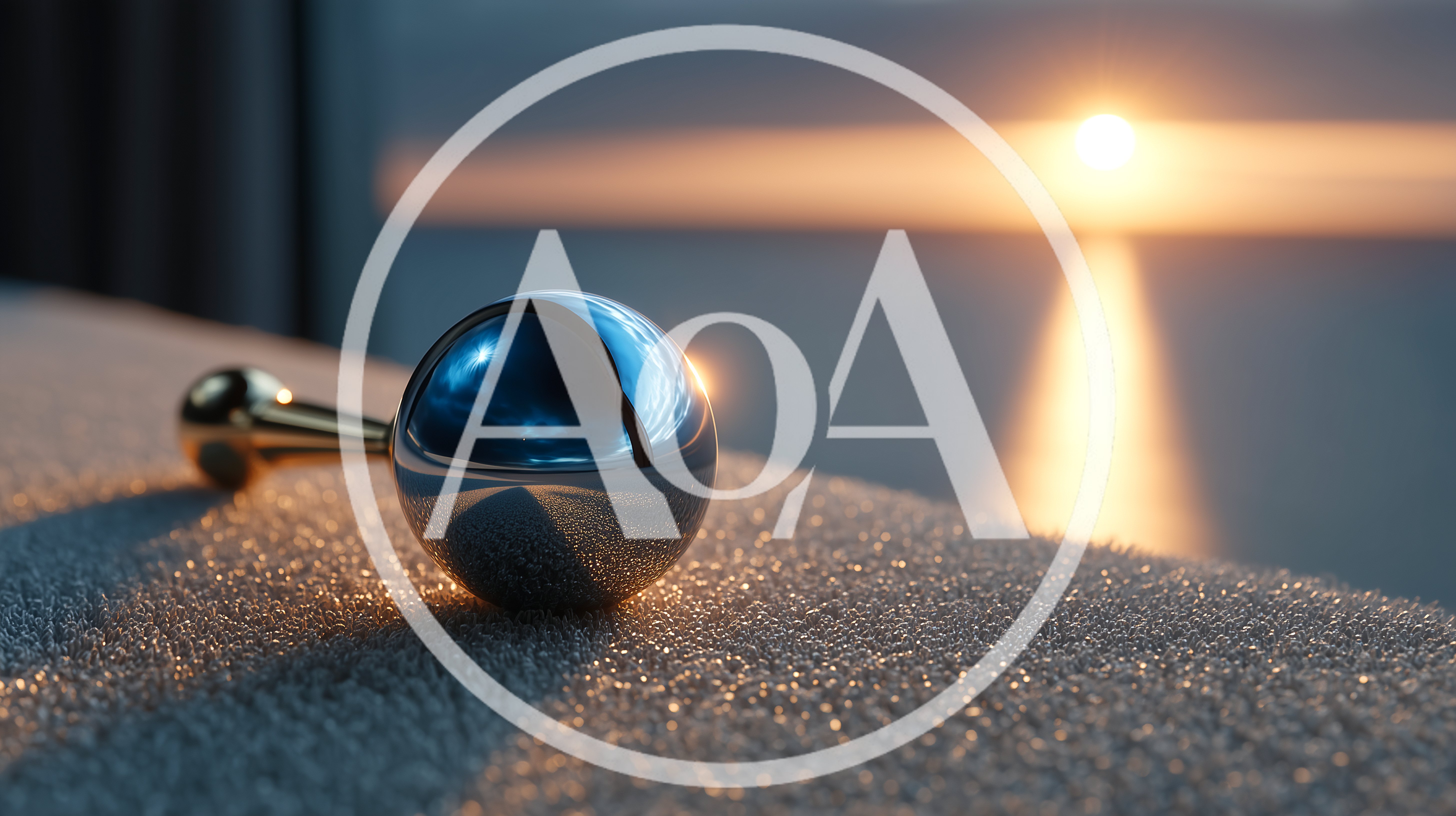 Chrome Sphere Object Resting On Textured Surface At Sunset